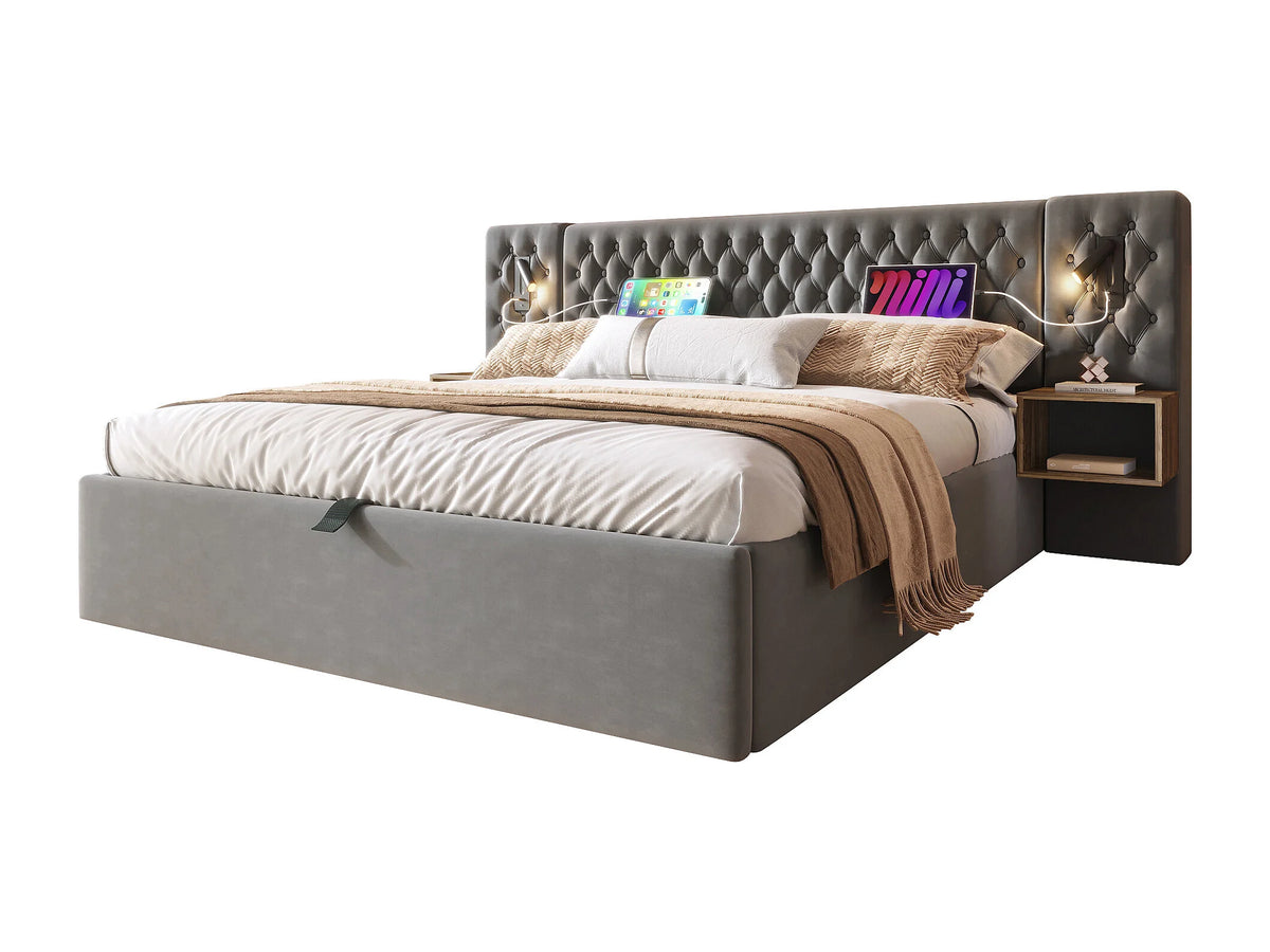 Lit Coffre 160x200 Velours Gris avec Chevets — vue 3