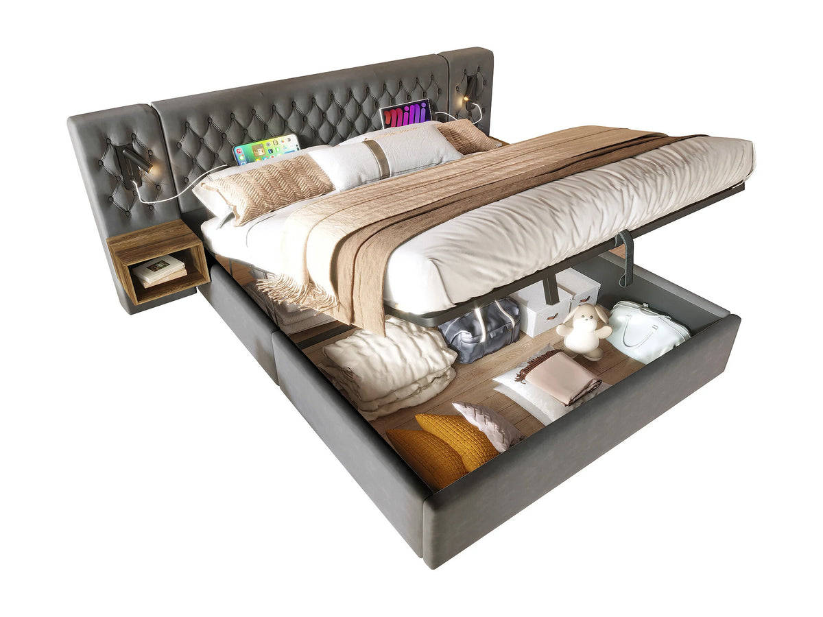 Lit Coffre 160x200 Velours Gris avec Chevets — vue 5