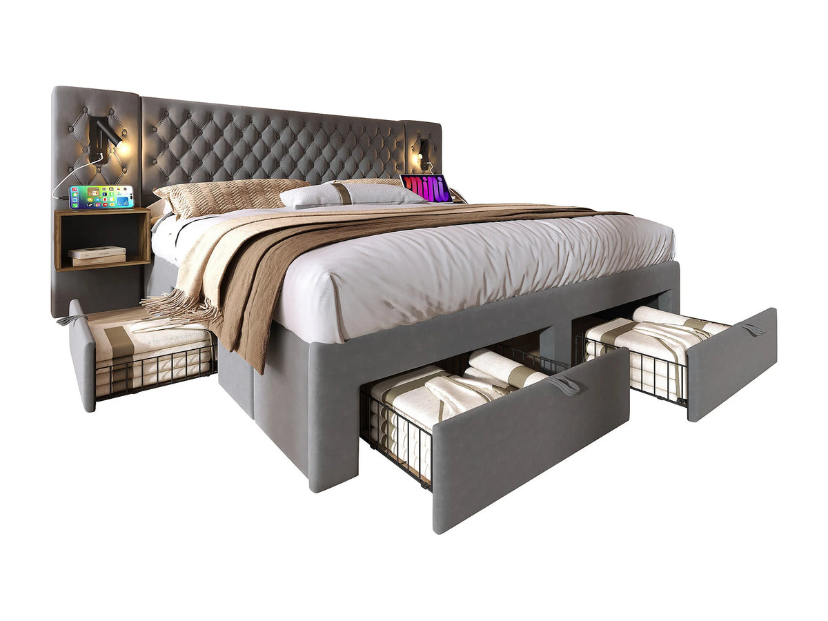 Lit Coffre 180x200 Velours Gris avec Chevets et Tiroirs — vue 7