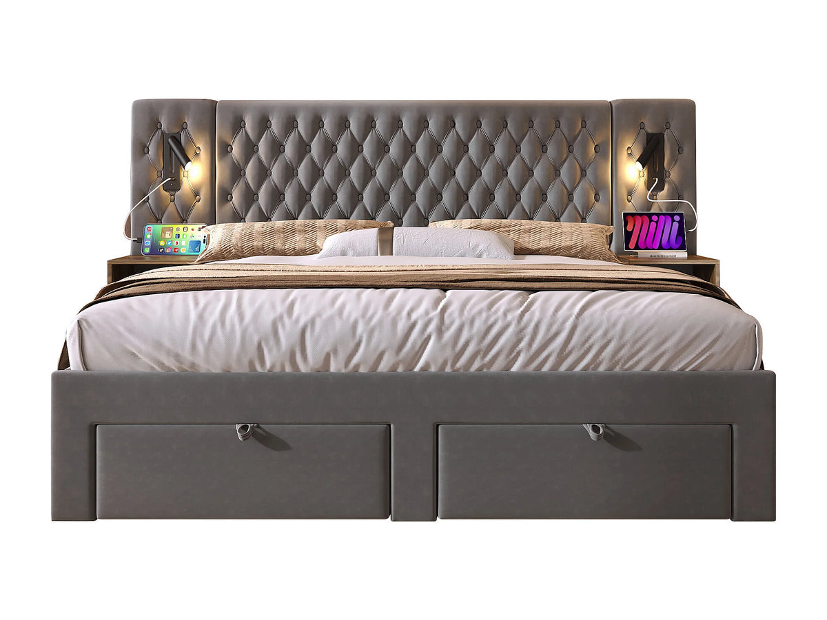 Lit Coffre 180x200 Velours Gris avec Chevets et Tiroirs — vue 8