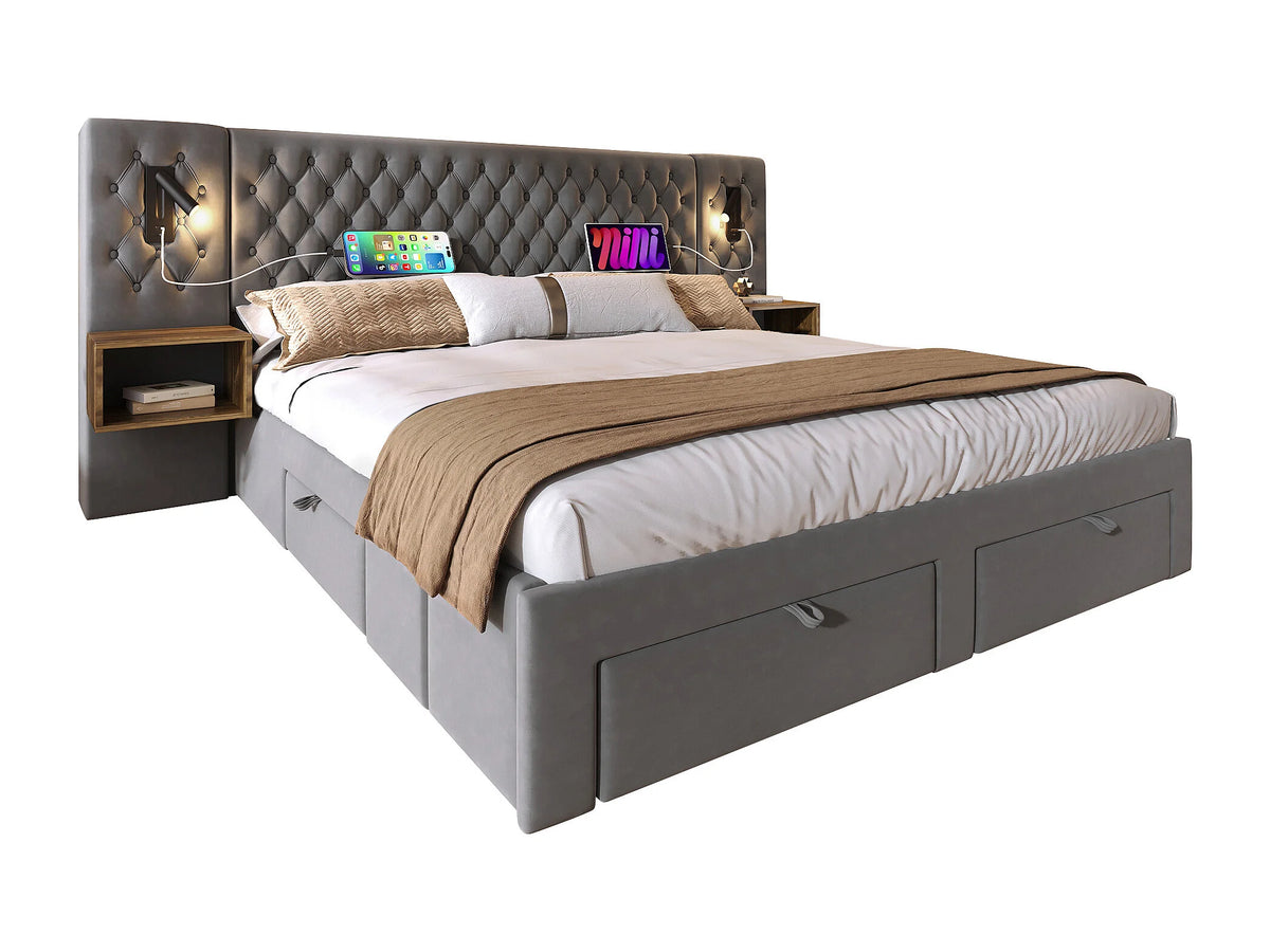 Lit Coffre 180x200 Velours Gris avec Chevets et Tiroirs — vue 9