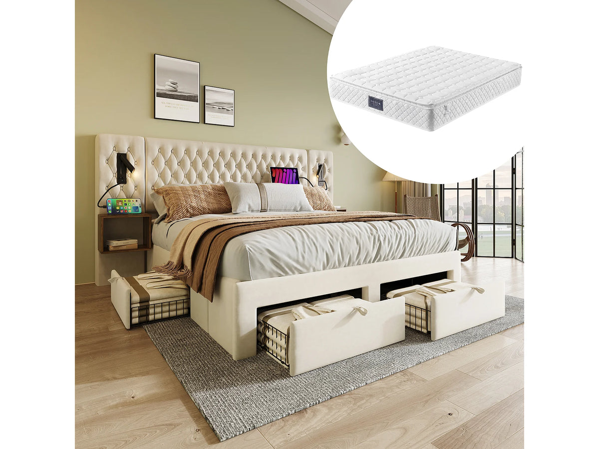 Lit Coffre 160x200 Velours Beige avec Chevets, Matelas et Tiroirs