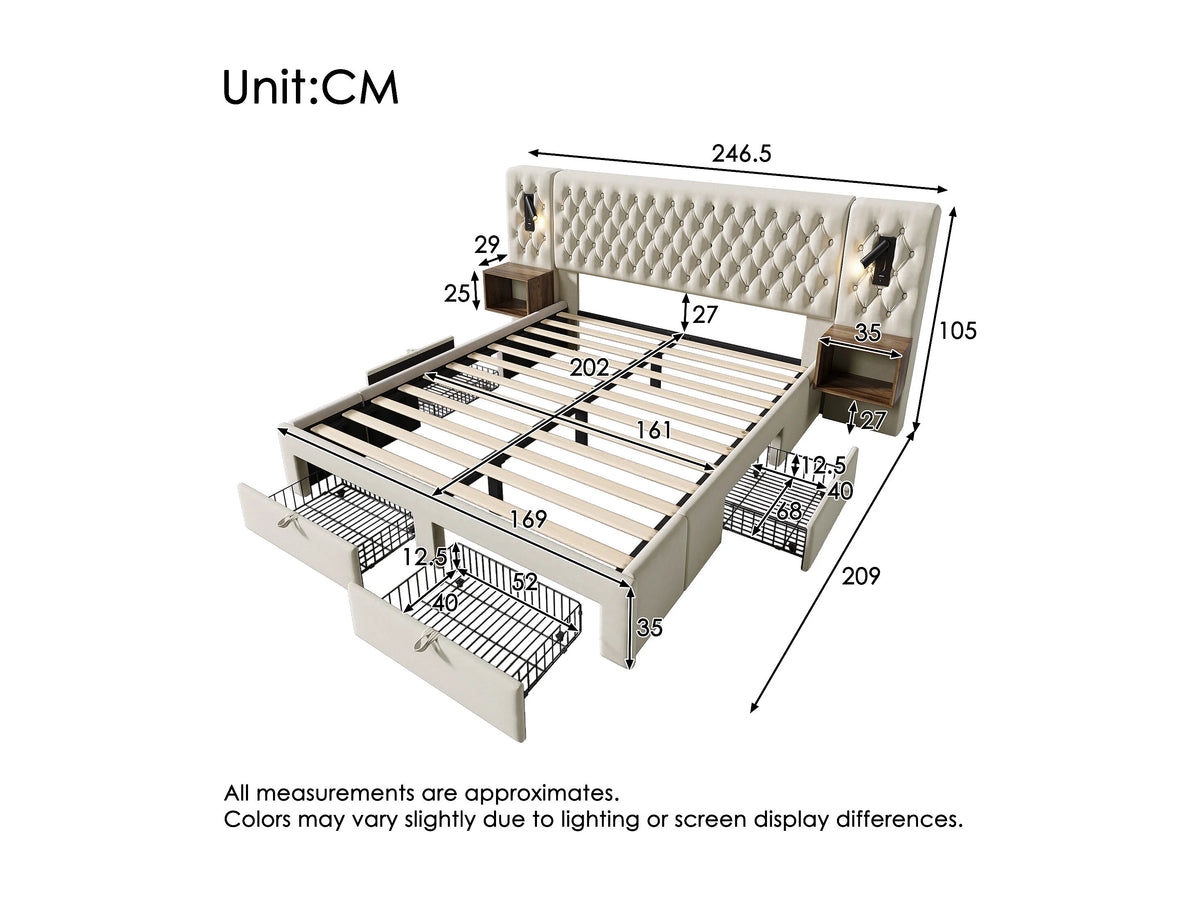 Lit Coffre 160x200 Velours Beige avec Chevets, Matelas et Tiroirs — vue 7