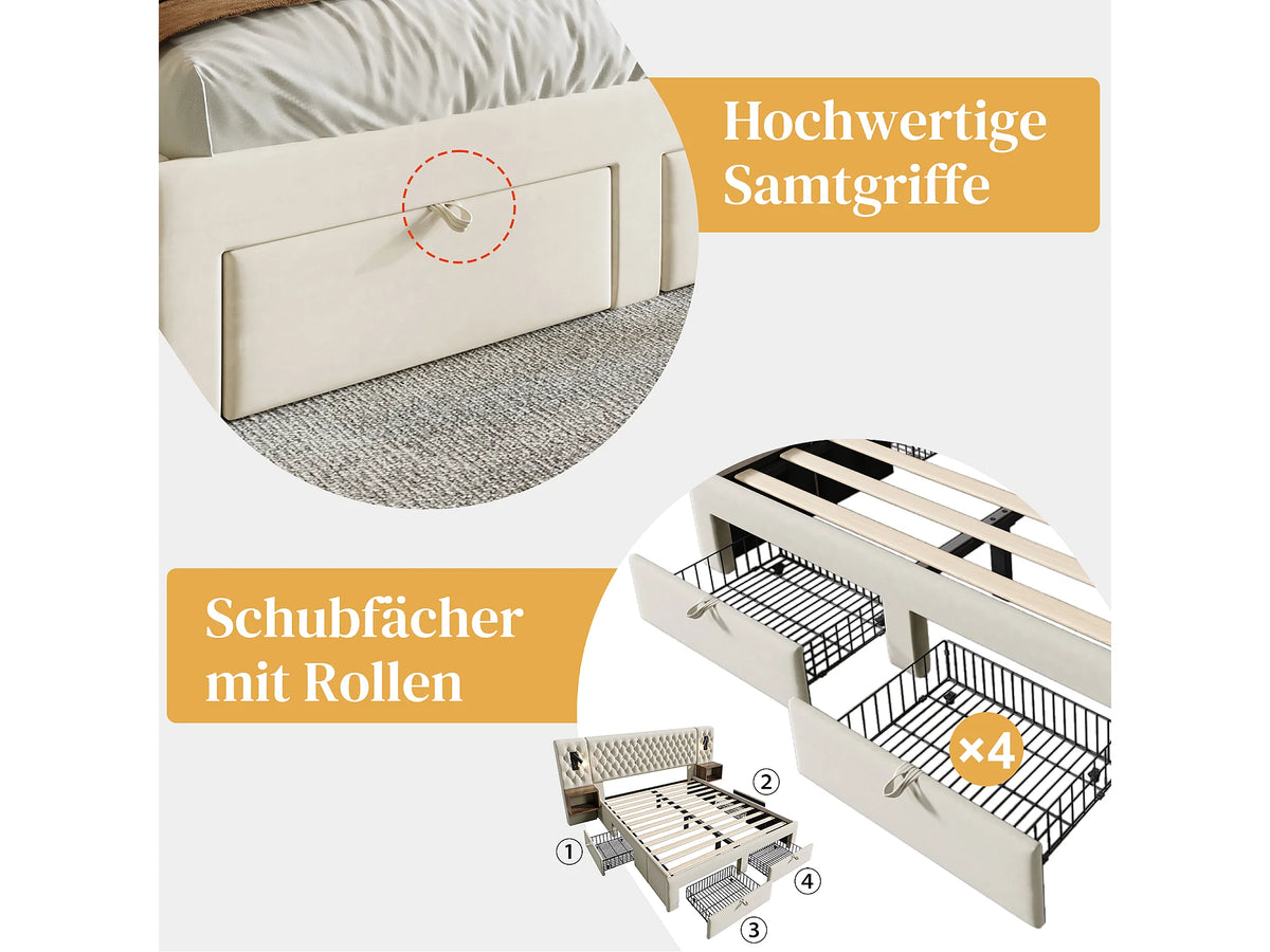 Lit Coffre 160x200 Velours Beige avec Chevets, Matelas et Tiroirs — vue 9