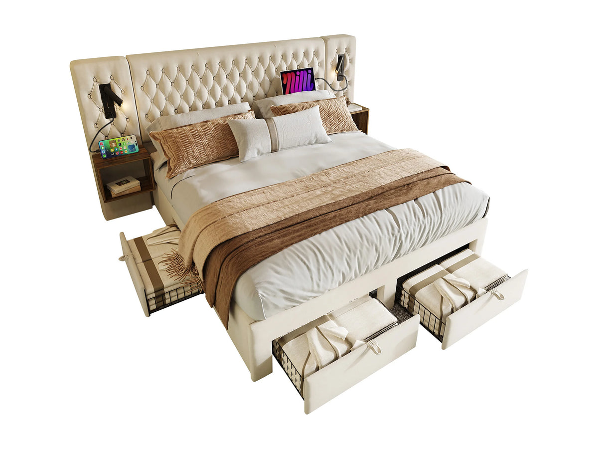 Lit Coffre 160x200 Velours Beige avec Chevets, Matelas et Tiroirs — vue 4