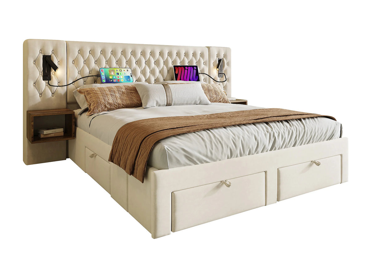 Lit Coffre 160x200 Velours Beige avec Chevets, Matelas et Tiroirs — vue 5