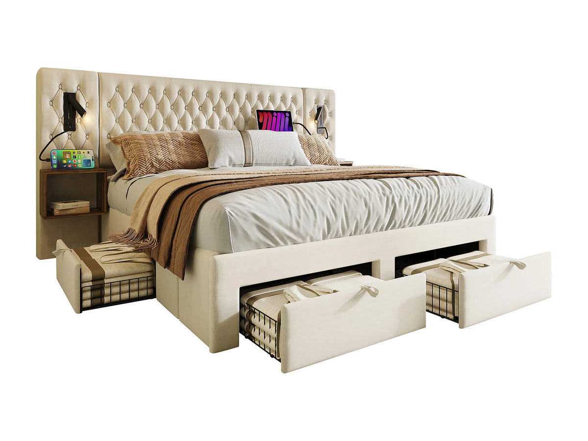 Lit Coffre 160x200 Velours Beige avec Chevets, Matelas et Tiroirs — vue 6