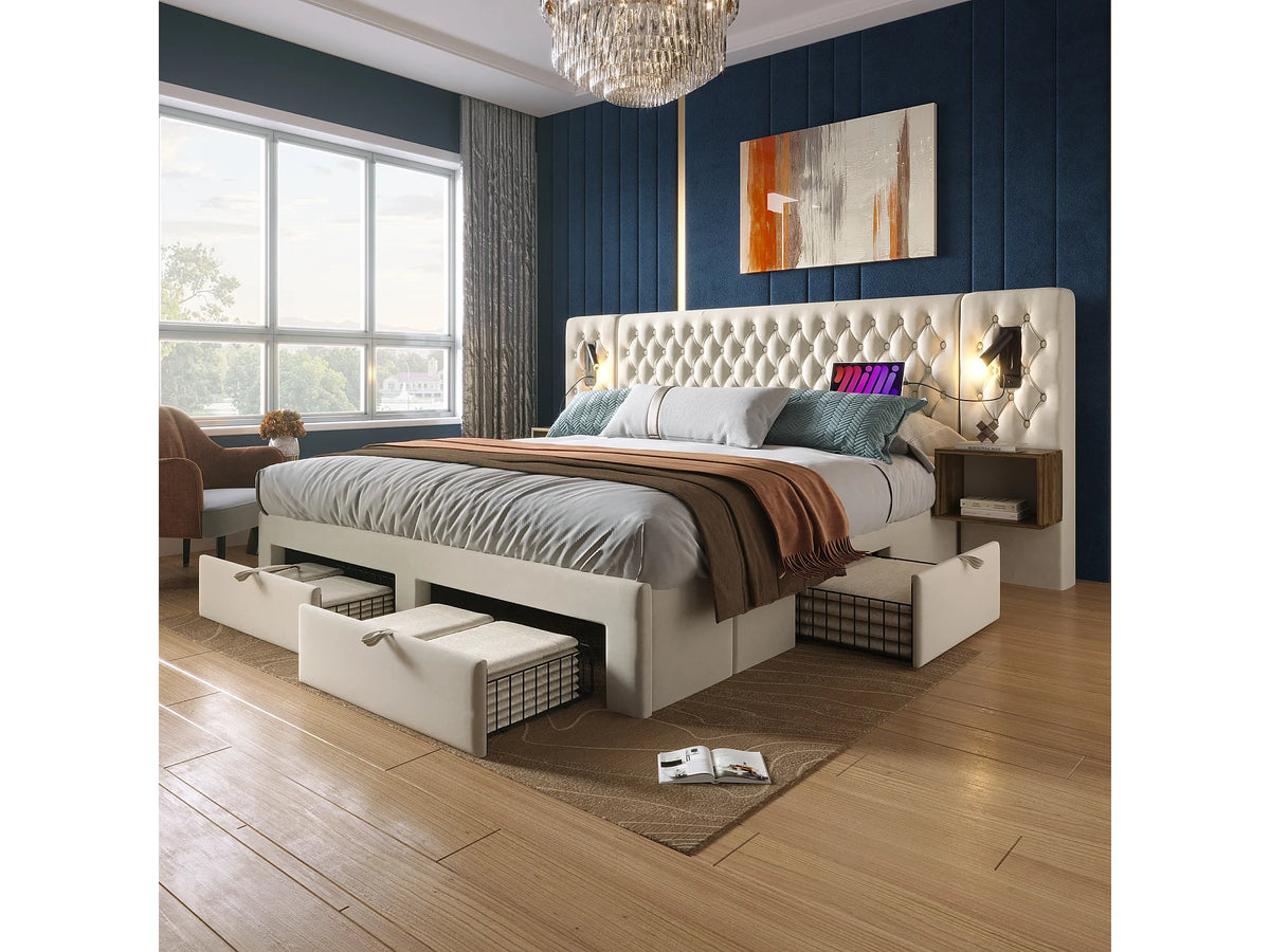 Lit Coffre 160x200 Velours Beige avec Chevets, Matelas et Tiroirs — vue 2