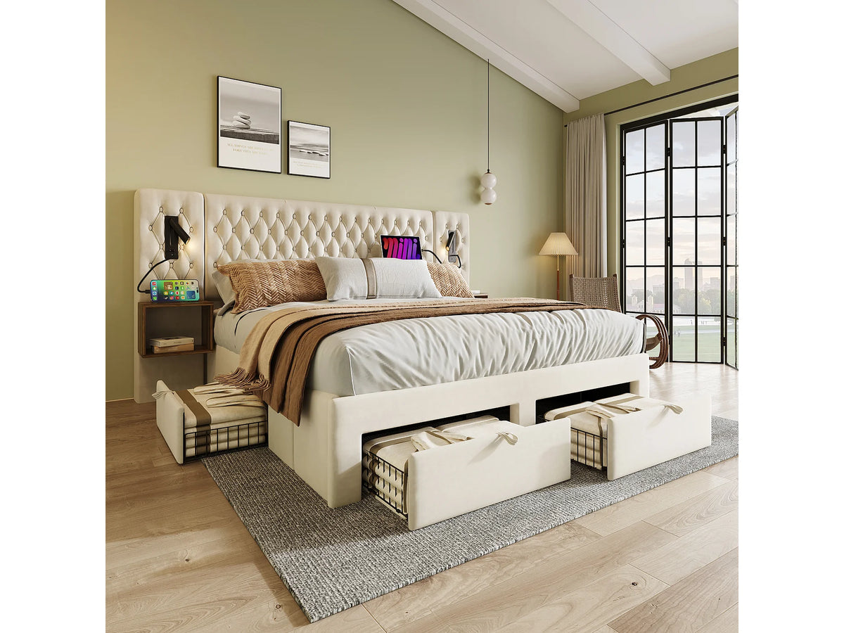 Lit Coffre 160x200 Velours Beige avec Chevets, Matelas et Tiroirs — vue 3