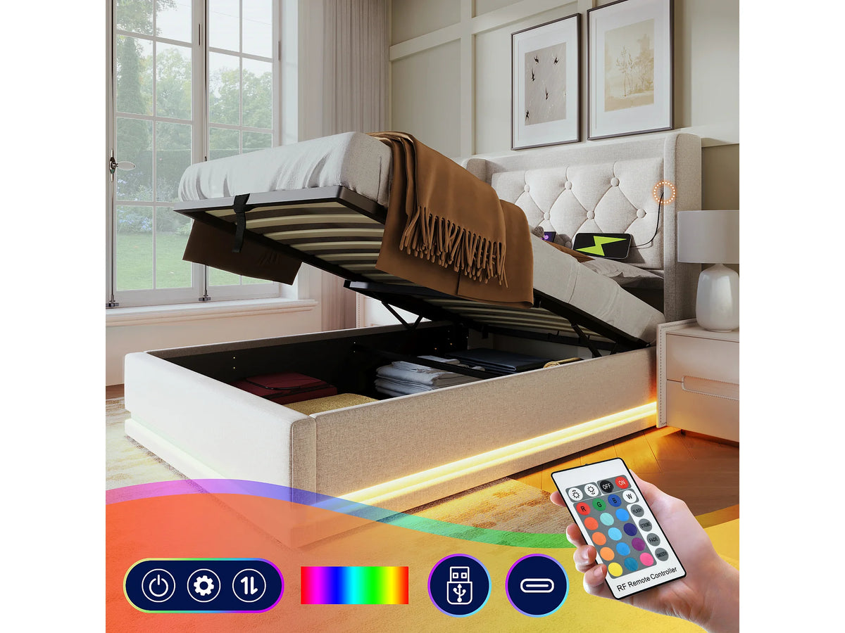 Lit Coffre 90x200 Coton Beige avec LED et Port USB — vue 2