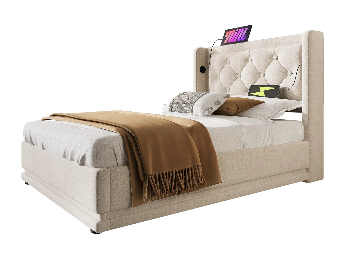 Lit Coffre 90x200 Coton Beige avec LED et Port USB — vue 3