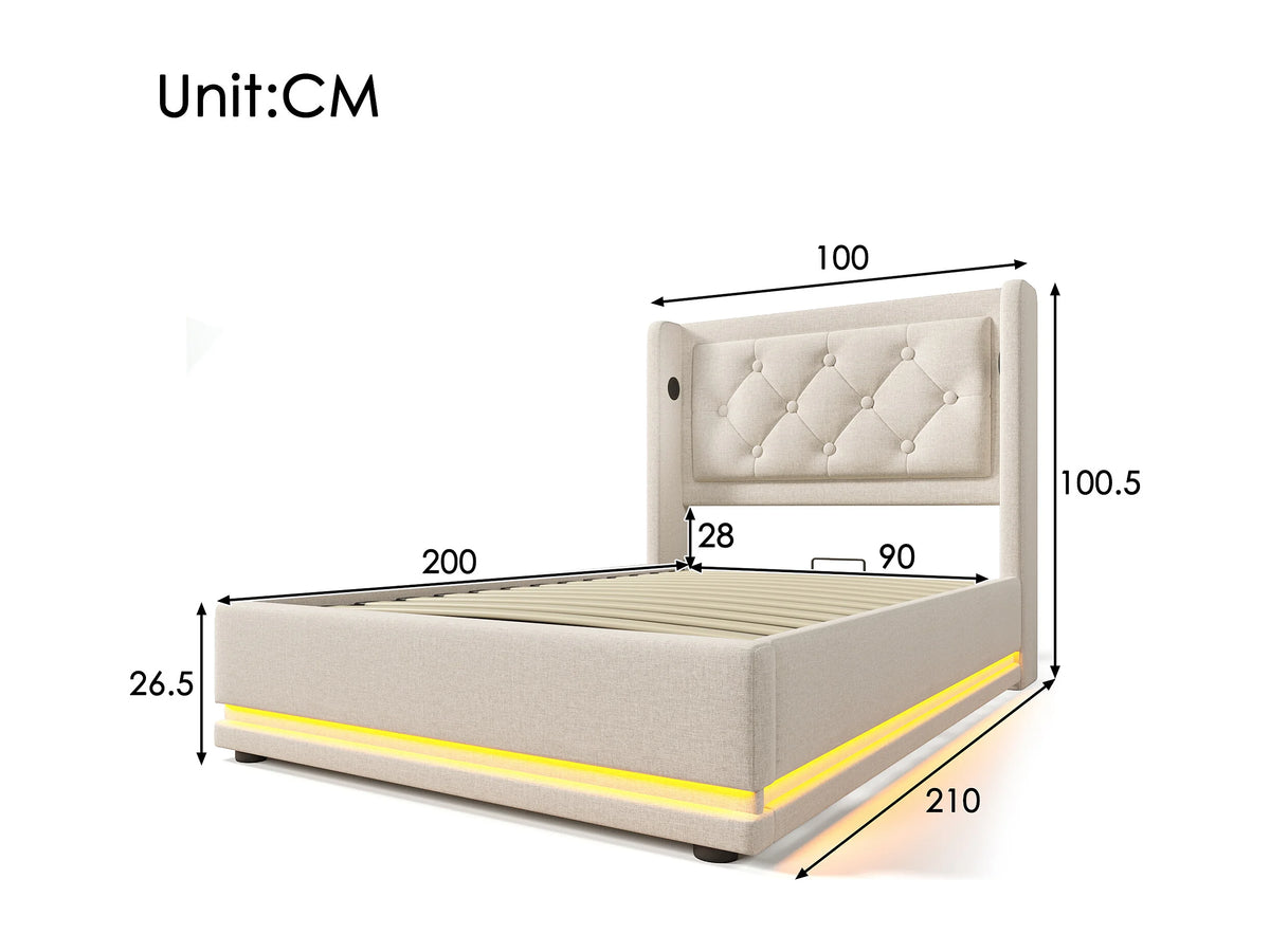 Lit Coffre 90x200 Coton Beige avec LED et Port USB — vue 8