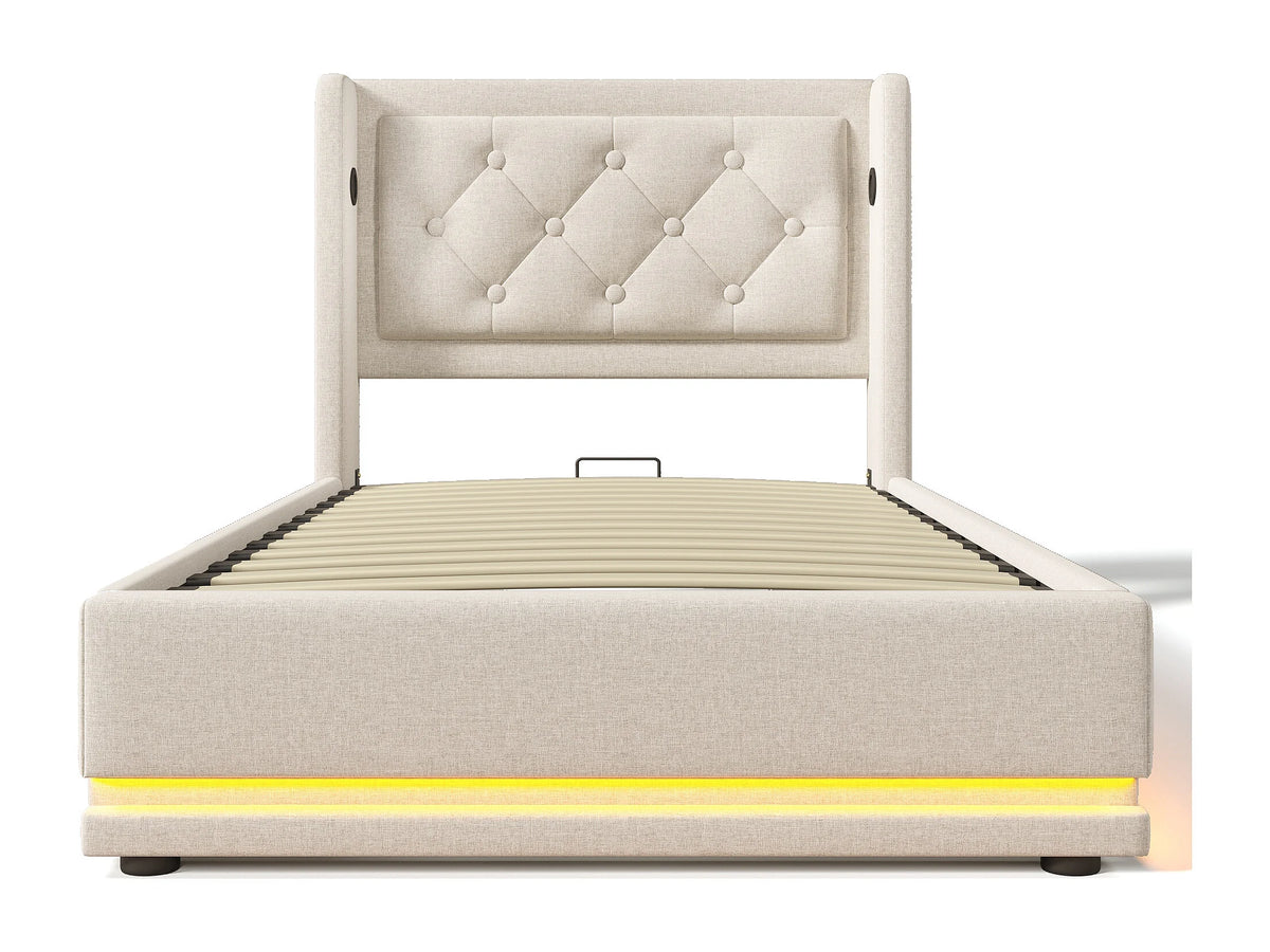 Lit Coffre 90x200 Coton Beige avec LED et Port USB — vue 7