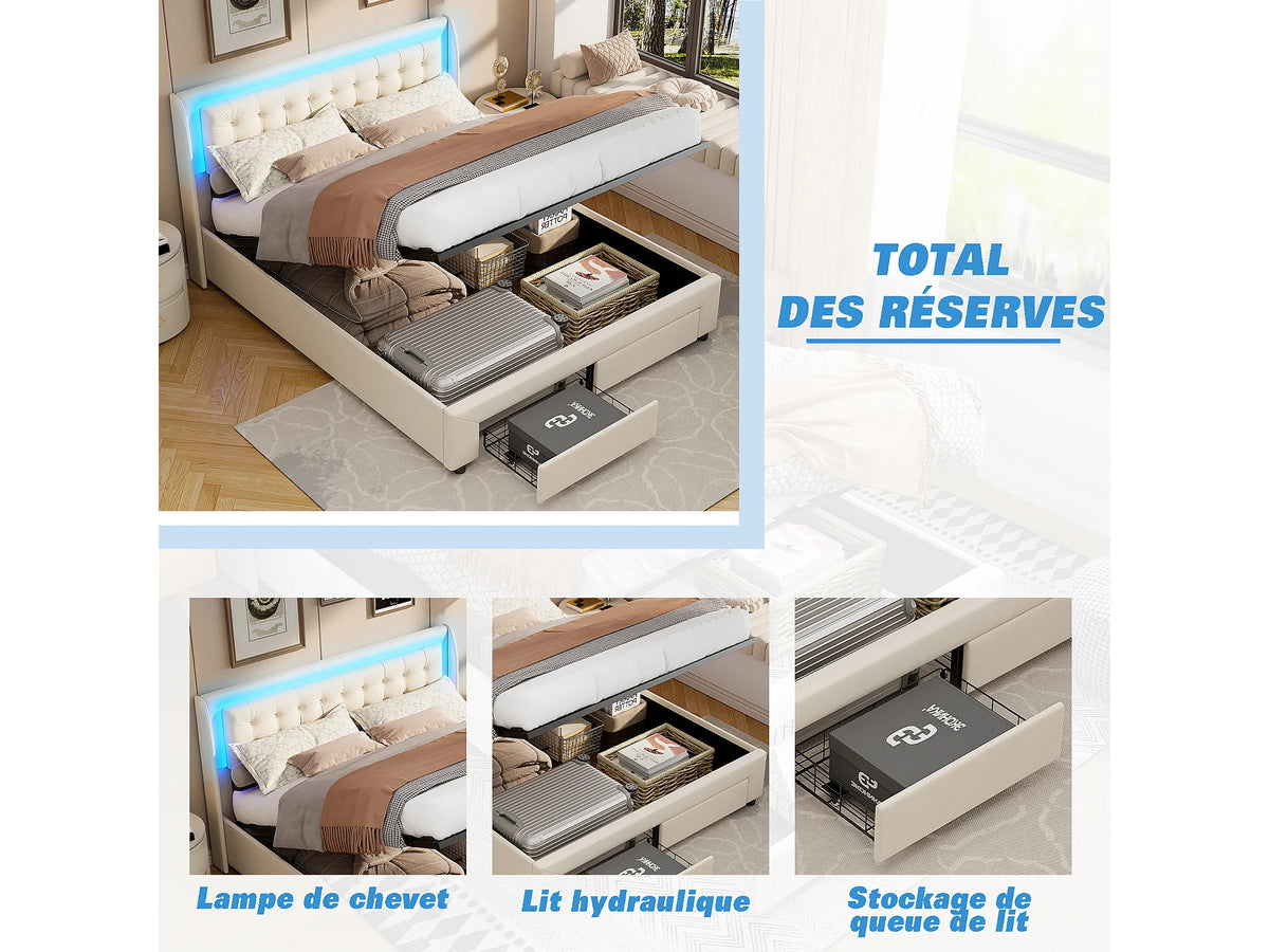 Lit Coffre 140x190 Velours Beige avec LED et Tiroirs — vue 9
