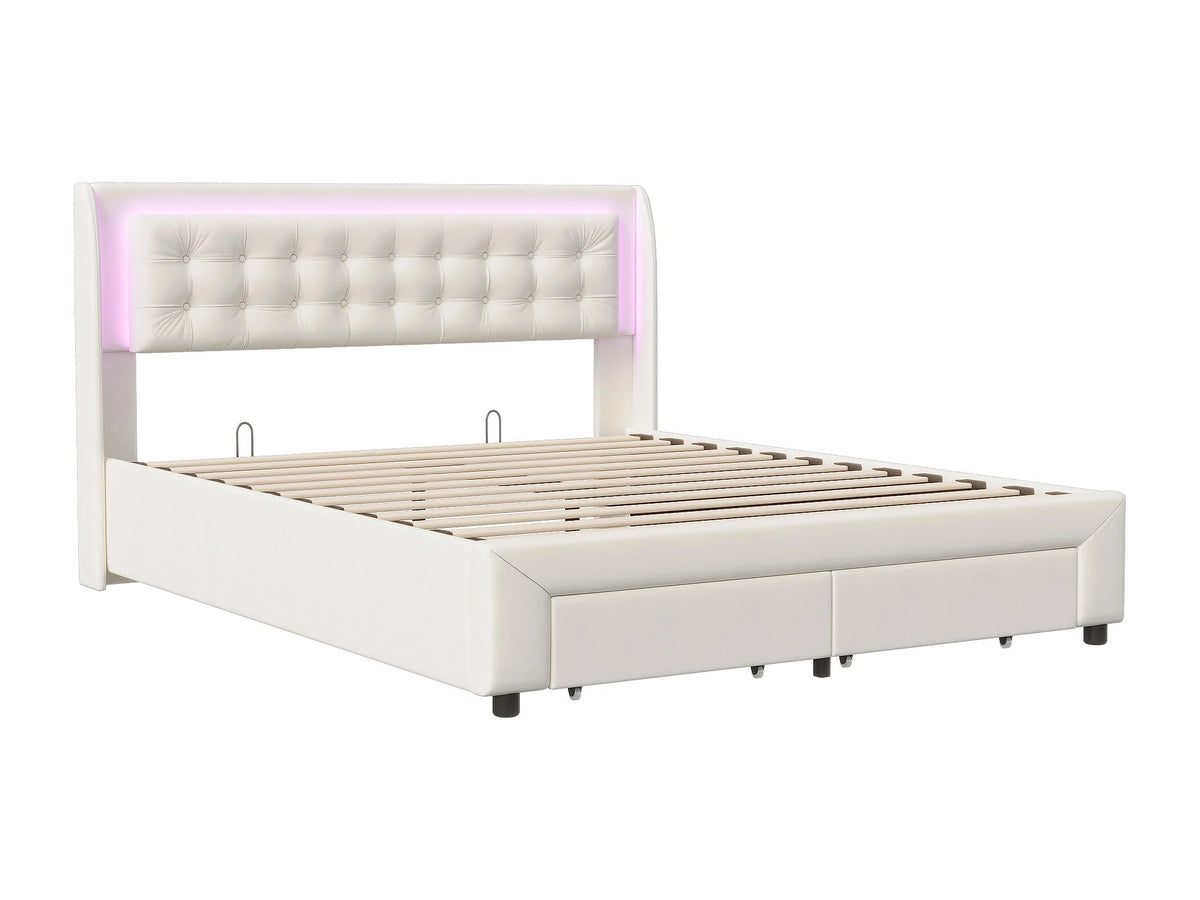 Lit Coffre 140x190 Velours Beige avec LED et Tiroirs — vue 10