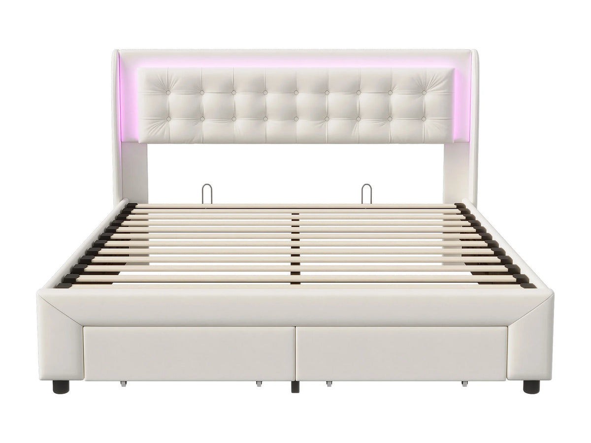 Lit Coffre 140x190 Velours Beige avec LED et Tiroirs — vue 5