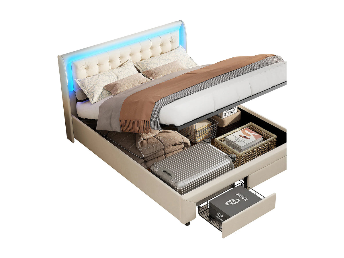 Lit Coffre 140x190 Velours Beige avec LED et Tiroirs — vue 7