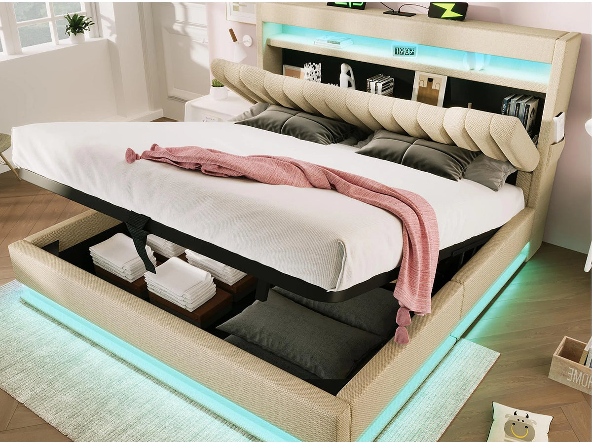 Lit Coffre 180x200 Tissu Lin Beige Capitonné avec LED et Port USB