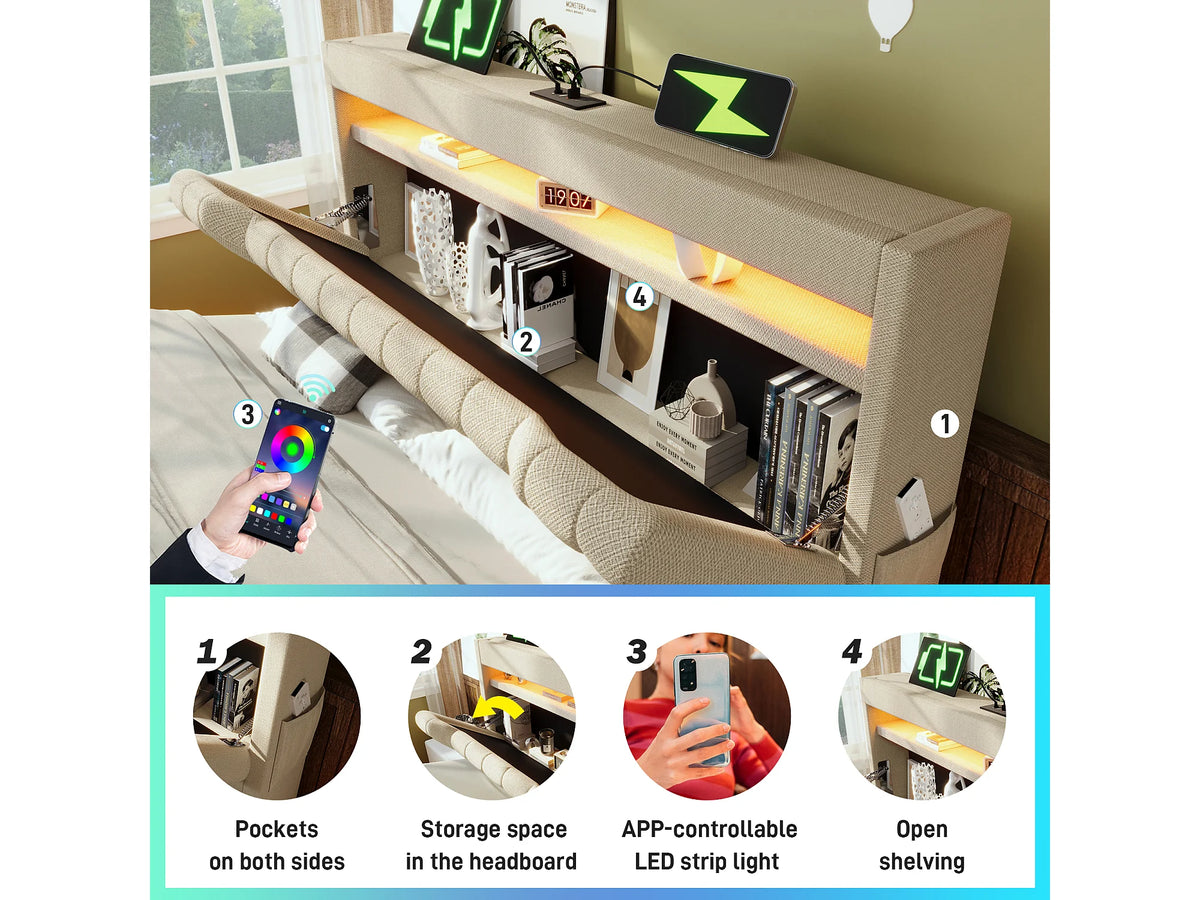 Lit Coffre 180x200 Tissu Lin Beige Capitonné avec LED et Port USB — vue 6