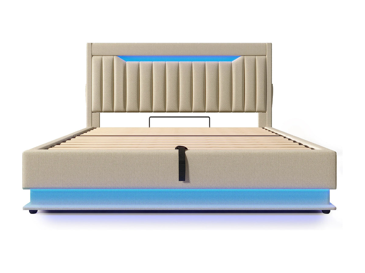 Lit Coffre 180x200 Tissu Lin Beige Capitonné avec LED et Port USB — vue 4