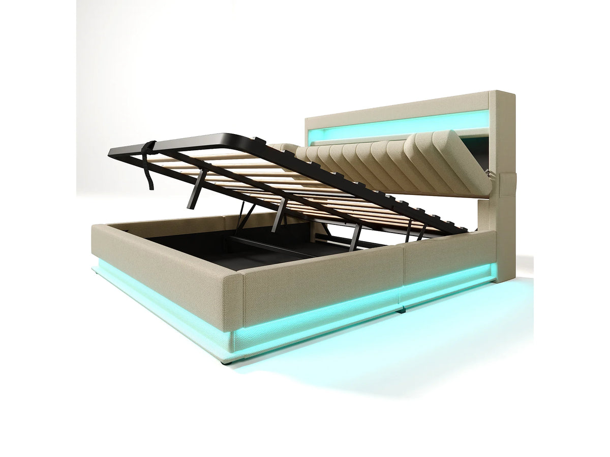 Lit Coffre 180x200 Tissu Lin Beige Capitonné avec LED et Port USB — vue 5