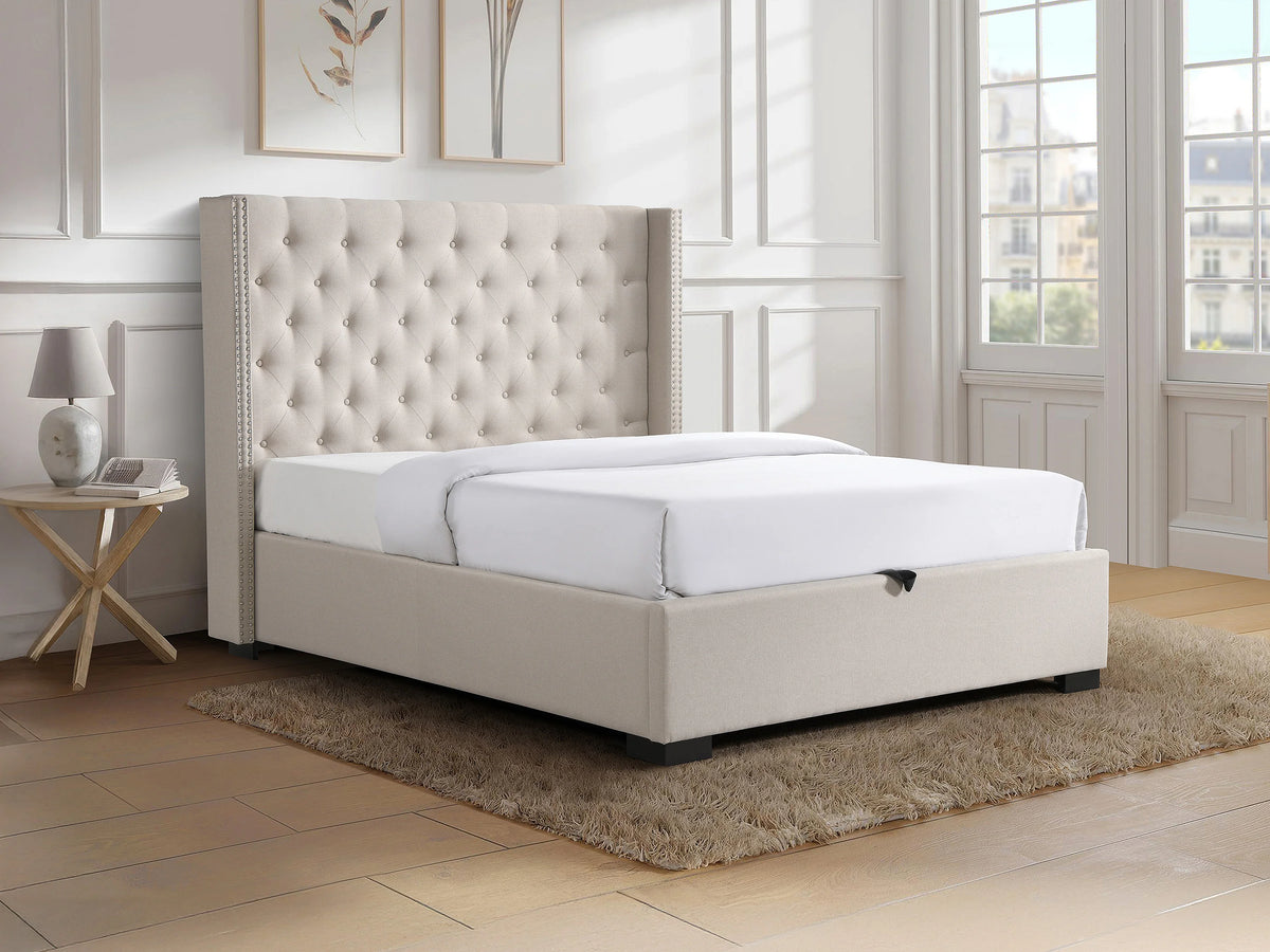 Lit Coffre 200x200 Tissu Beige Capitonné avec Matelas - MASSIMO