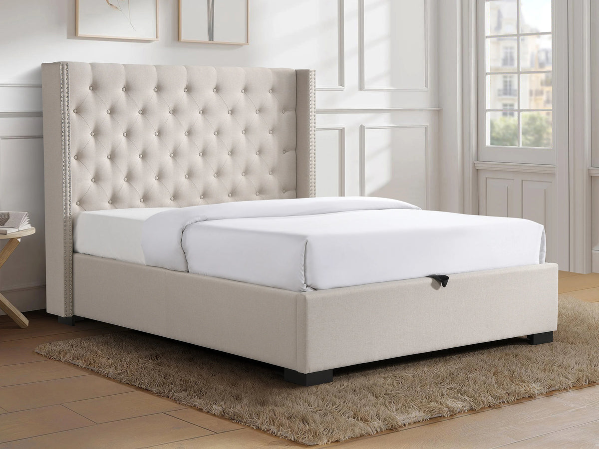 Lit Coffre 200x200 Tissu Beige Capitonné avec Matelas - MASSIMO — vue 3