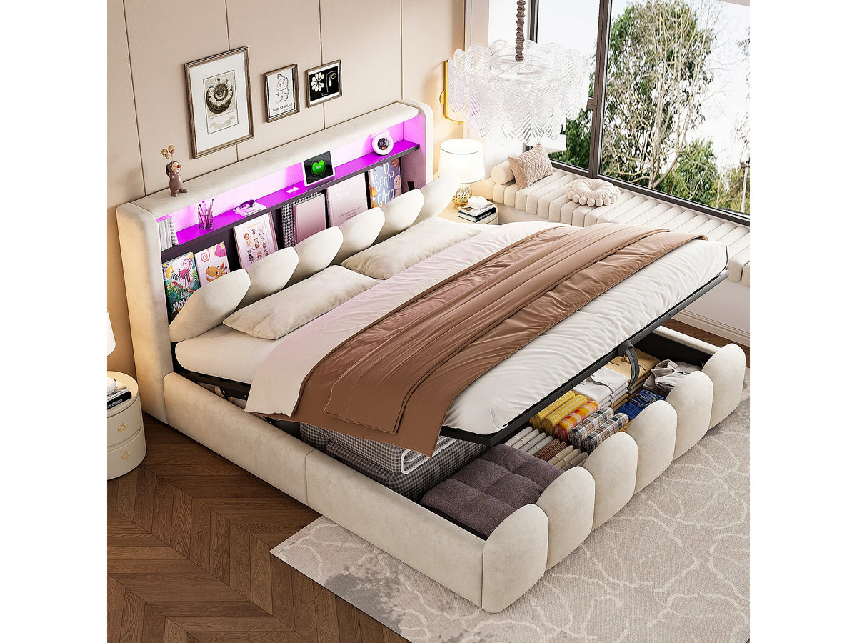 Lit Coffre 180x200 Velours Beige avec LED et Port USB — vue 2