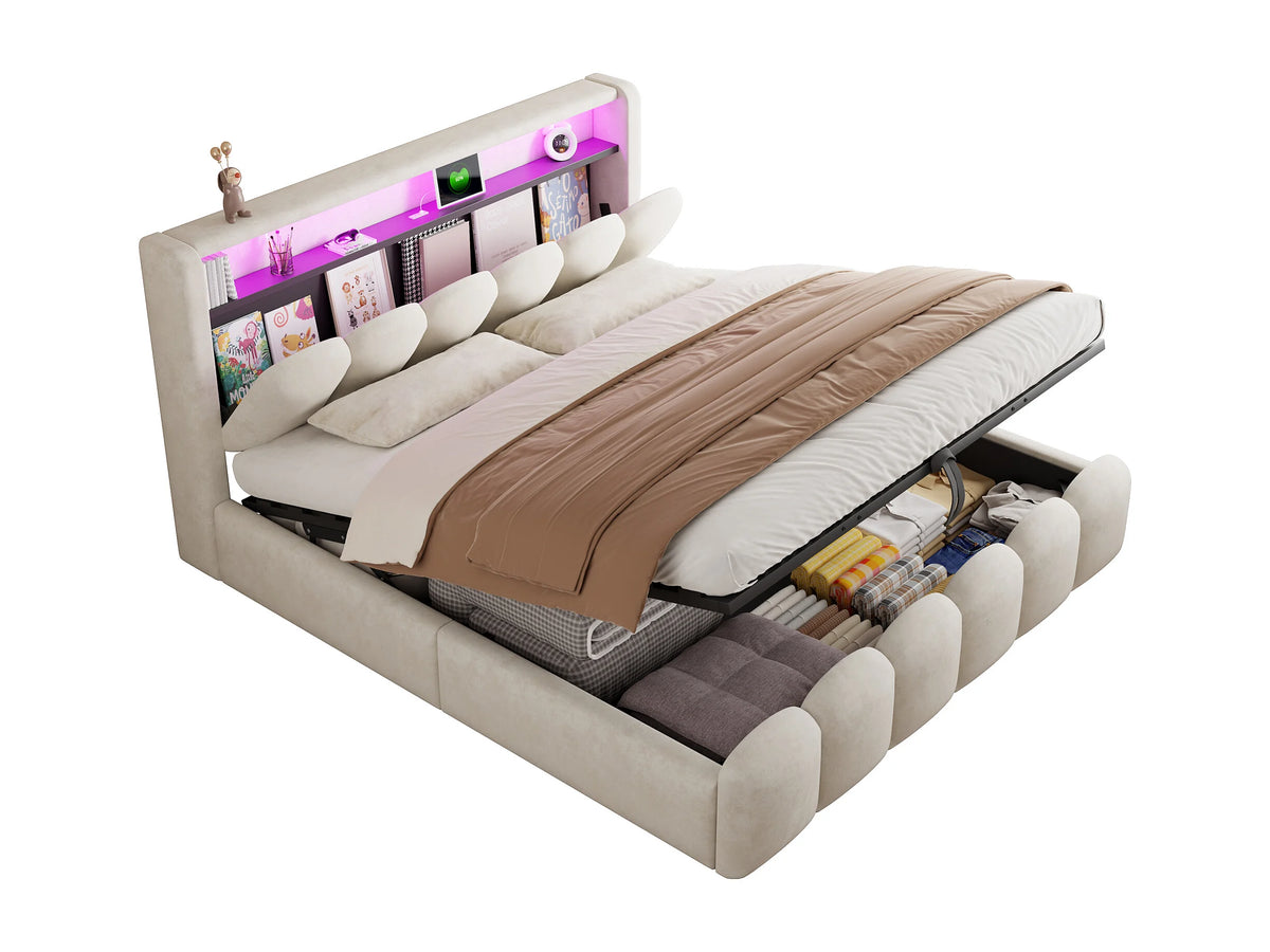 Lit Coffre 180x200 Velours Beige avec LED et Port USB — vue 8