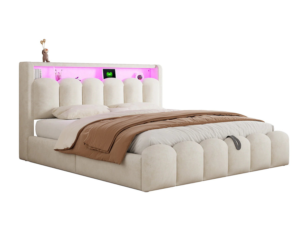 Lit Coffre 180x200 Velours Beige avec LED et Port USB — vue 4