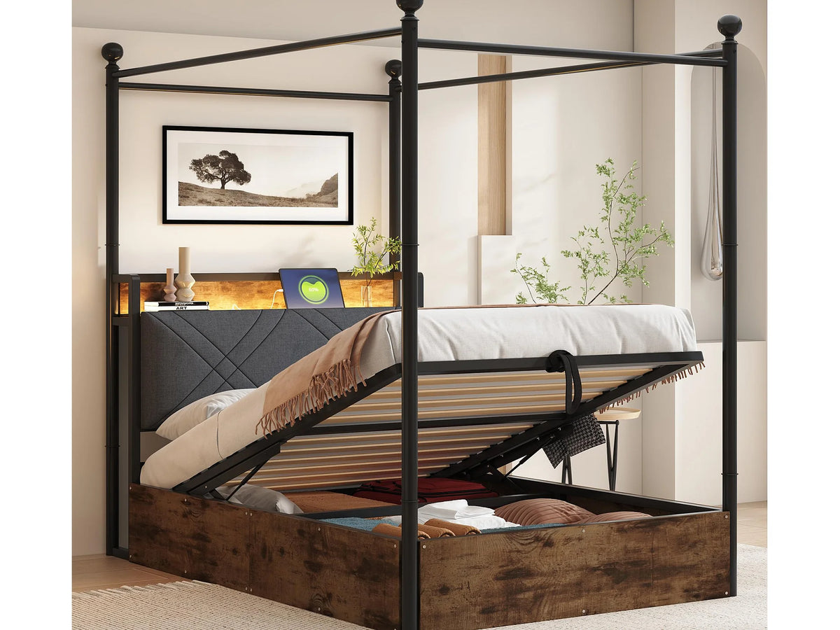 Lit Coffre 90x190 Bois Naturel clair avec LED et Port USB