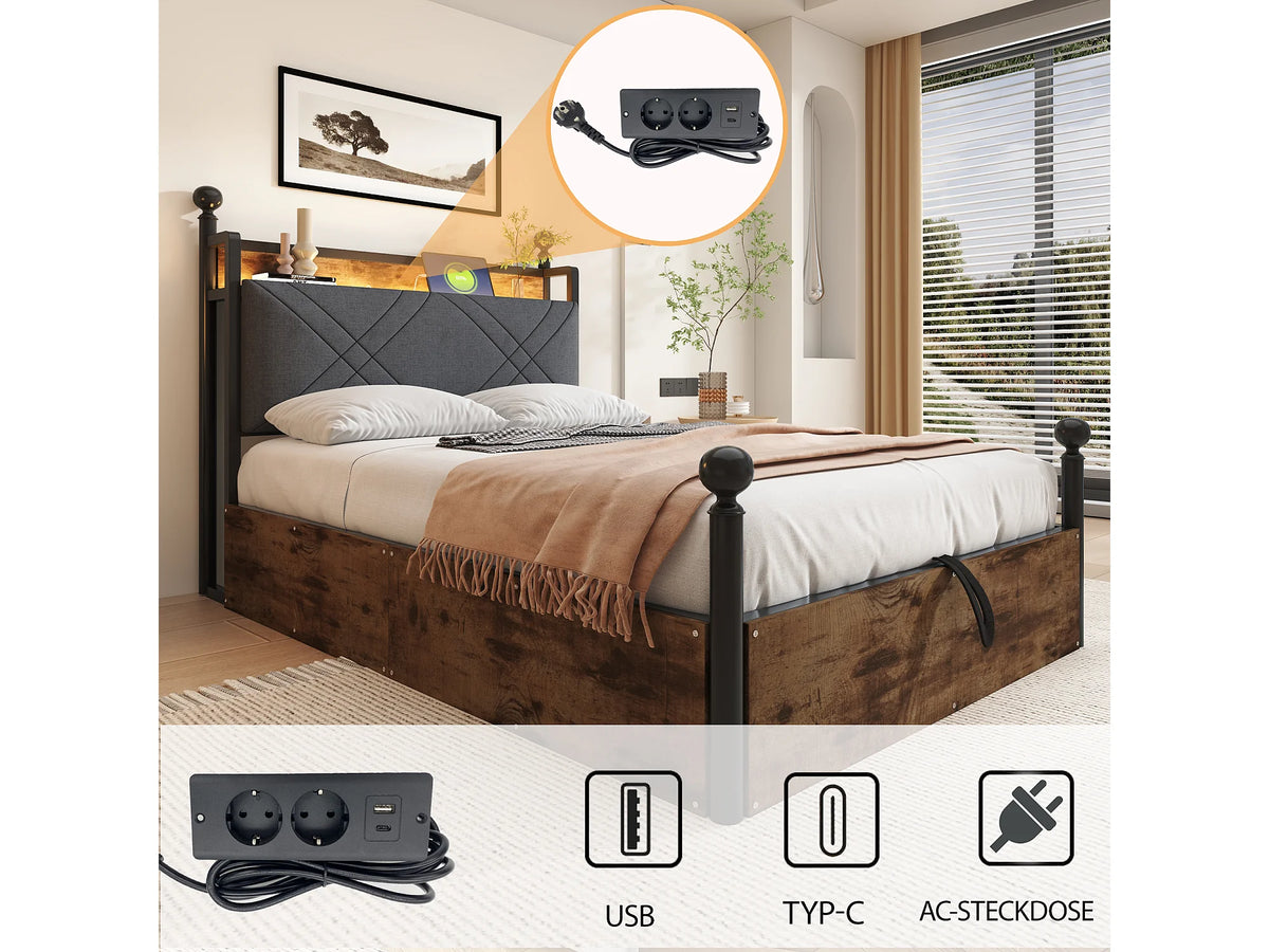 Lit Coffre 90x190 Bois Naturel clair avec LED et Port USB — vue 4