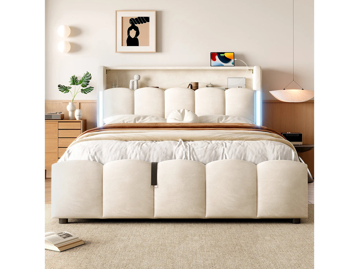 Lit Coffre 140x200 Velours Beige avec LED et Port USB — vue 2