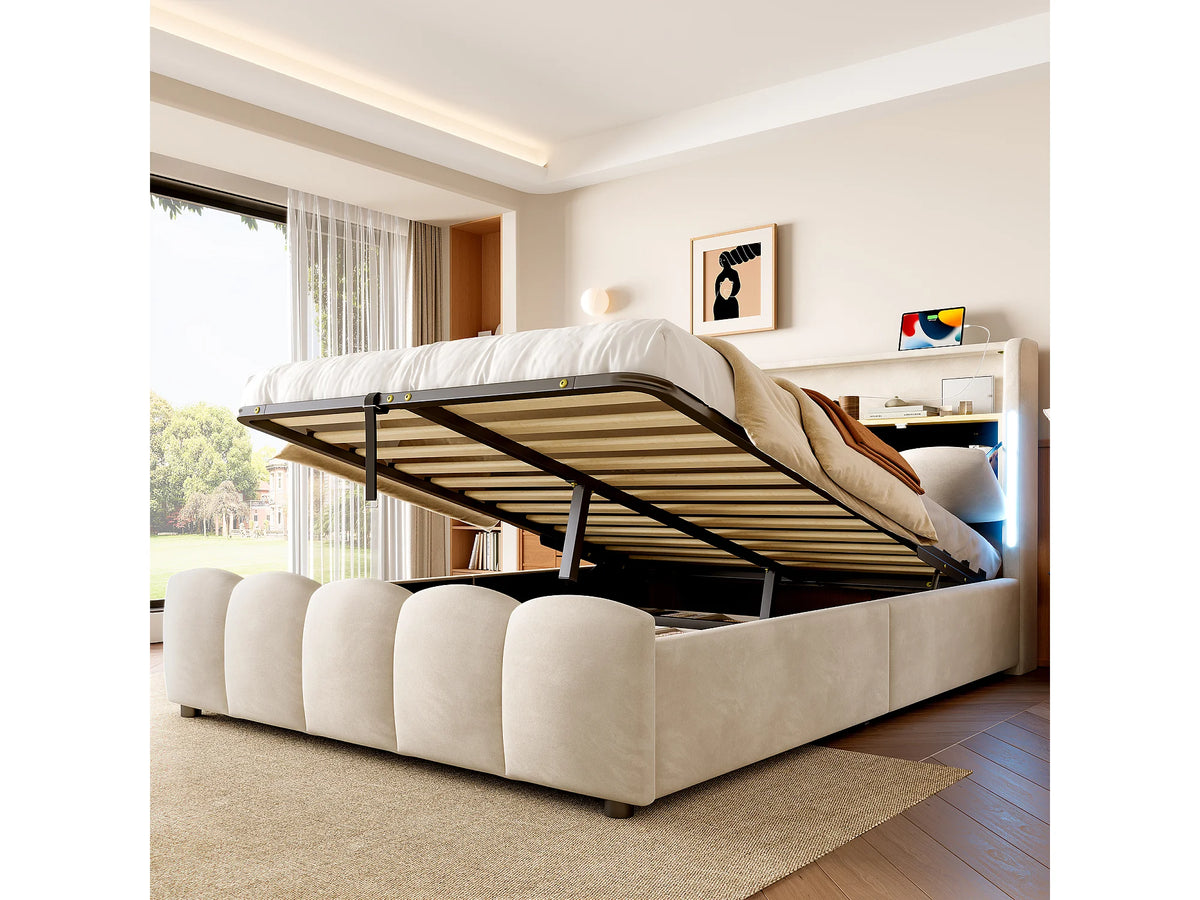 Lit Coffre 140x200 Velours Beige avec LED et Port USB — vue 3