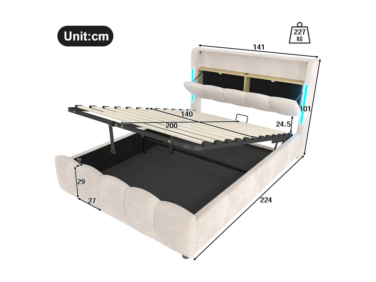 Lit Coffre 140x200 Velours Beige avec LED et Port USB — vue 8