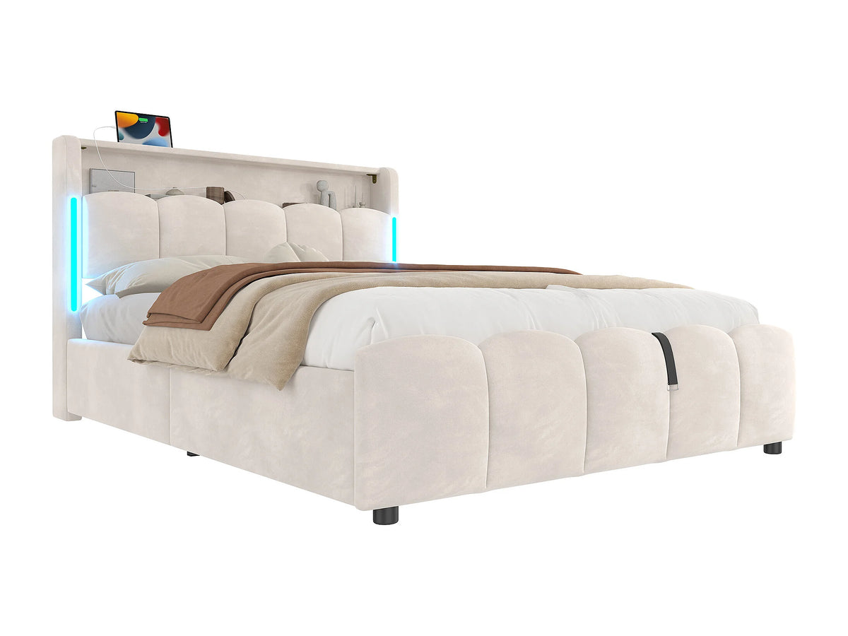 Lit Coffre 140x200 Velours Beige avec LED et Port USB — vue 5