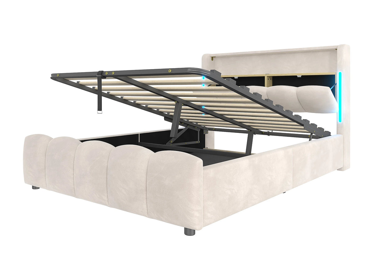 Lit Coffre 140x200 Velours Beige avec LED et Port USB — vue 7