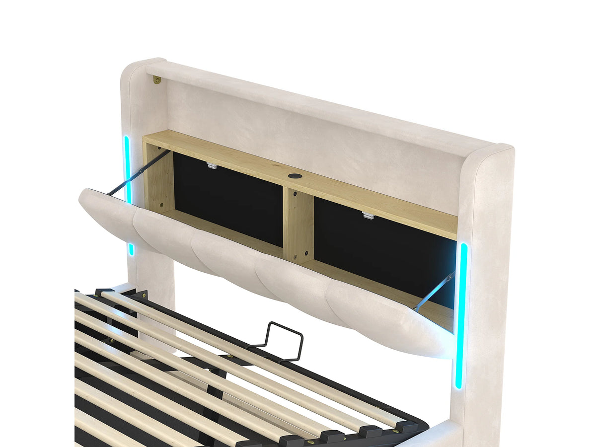 Lit Coffre 140x200 Velours Beige avec LED et Port USB — vue 9