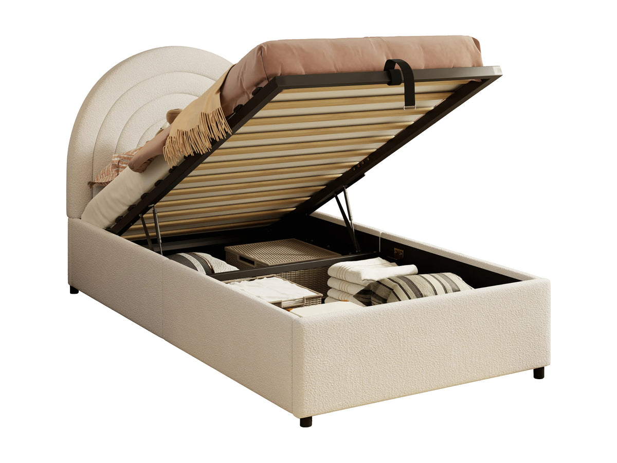 Lit Coffre 90x200 Tissu Bouclette Beige avec Chevets — vue 4