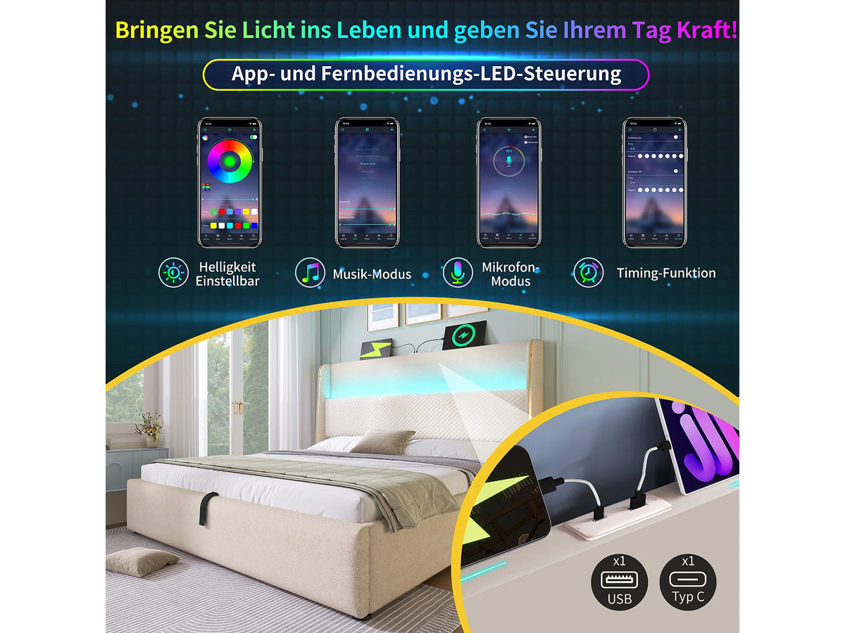 Lit Coffre 160x200 Tissu Lin Beige avec Matelas, LED et Port USB — vue 9