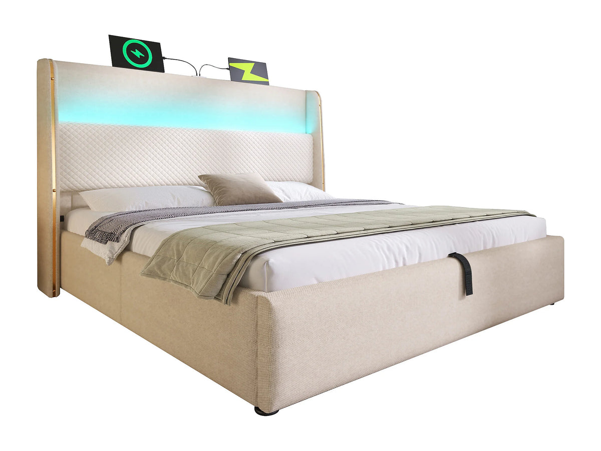 Lit Coffre 160x200 Tissu Lin Beige avec Matelas, LED et Port USB — vue 5