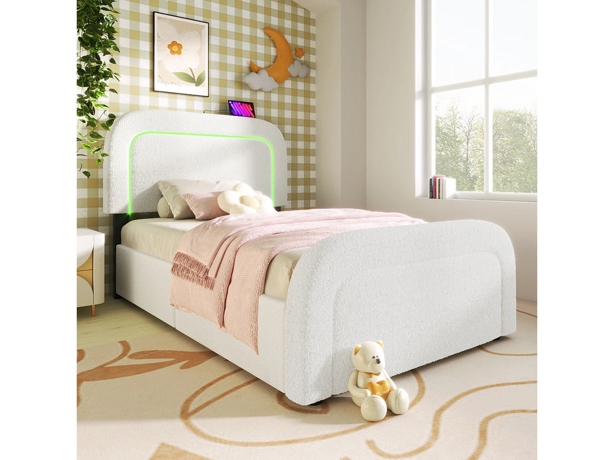 Lit Coffre 90x200 Sherpa Blanc avec LED, Tiroirs et Port USB