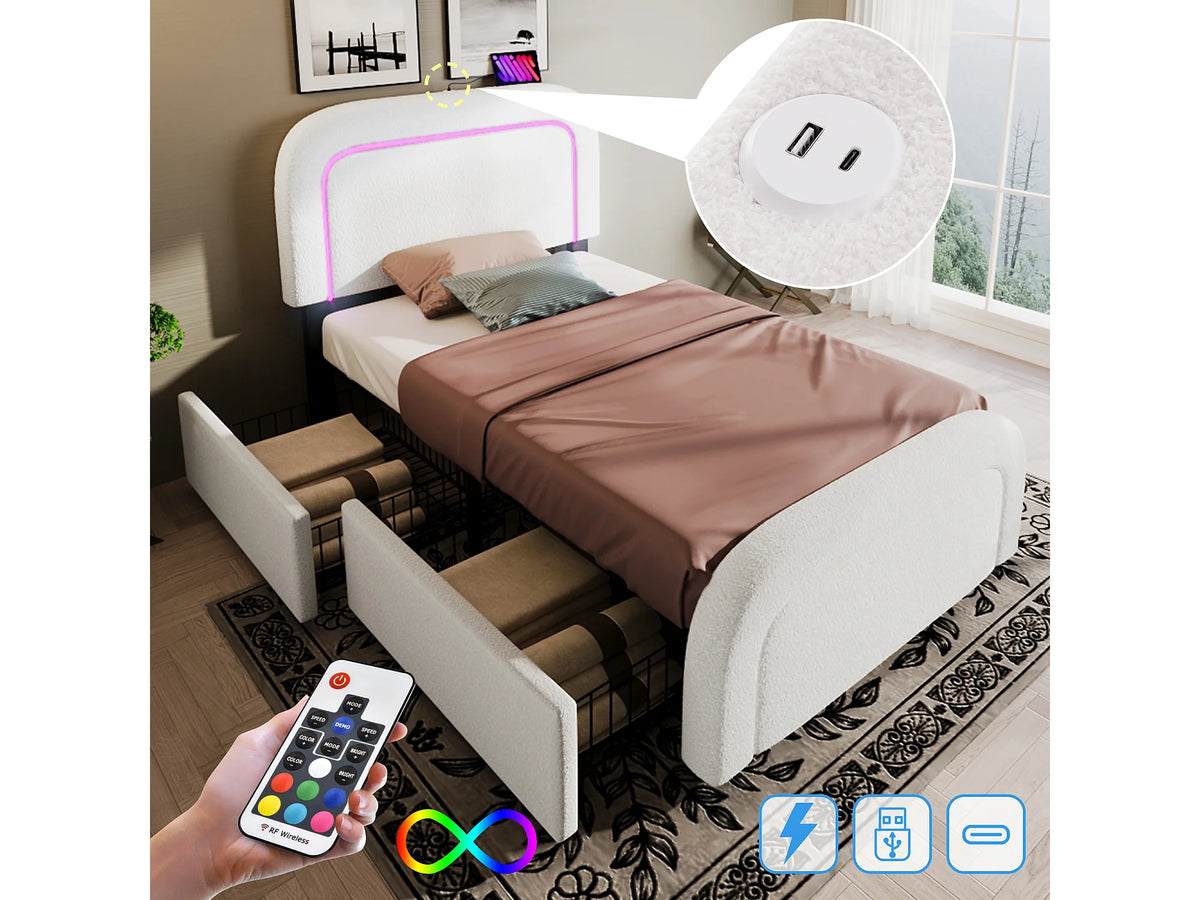 Lit Coffre 90x200 Sherpa Blanc avec LED, Tiroirs et Port USB — vue 5