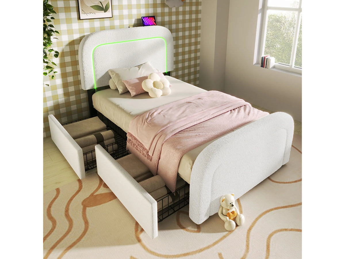 Lit Coffre 90x200 Sherpa Blanc avec LED, Tiroirs et Port USB — vue 7