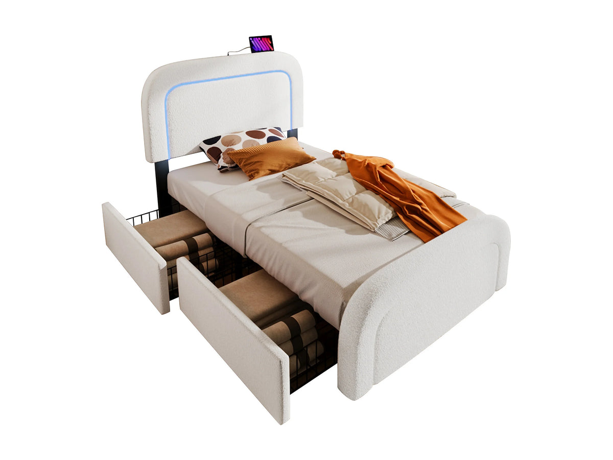 Lit Coffre 90x200 Sherpa Blanc avec LED, Tiroirs et Port USB — vue 9