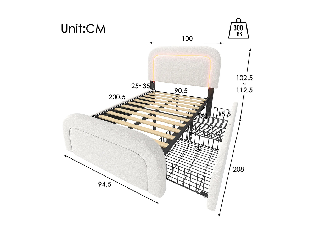 Lit Coffre 90x200 Sherpa Blanc avec LED, Tiroirs et Port USB — vue 10
