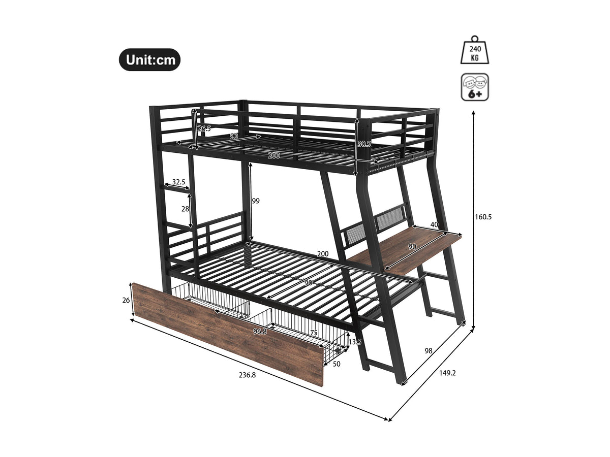 Lit Coffre 90x200 Métal Noir avec Matelas, LED et Tiroirs — vue 6