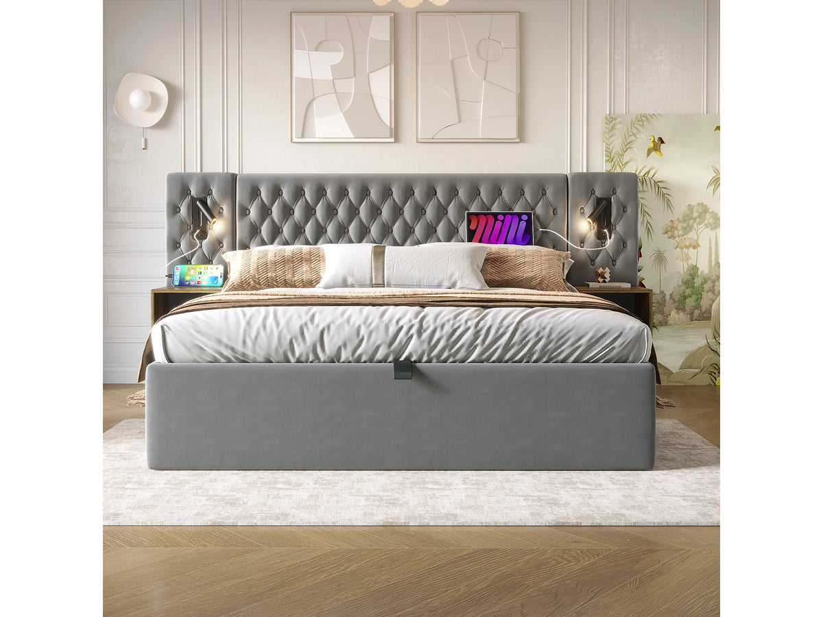 Lit Coffre 160x200 Velours Gris avec Chevets, LED et Port USB — vue 2