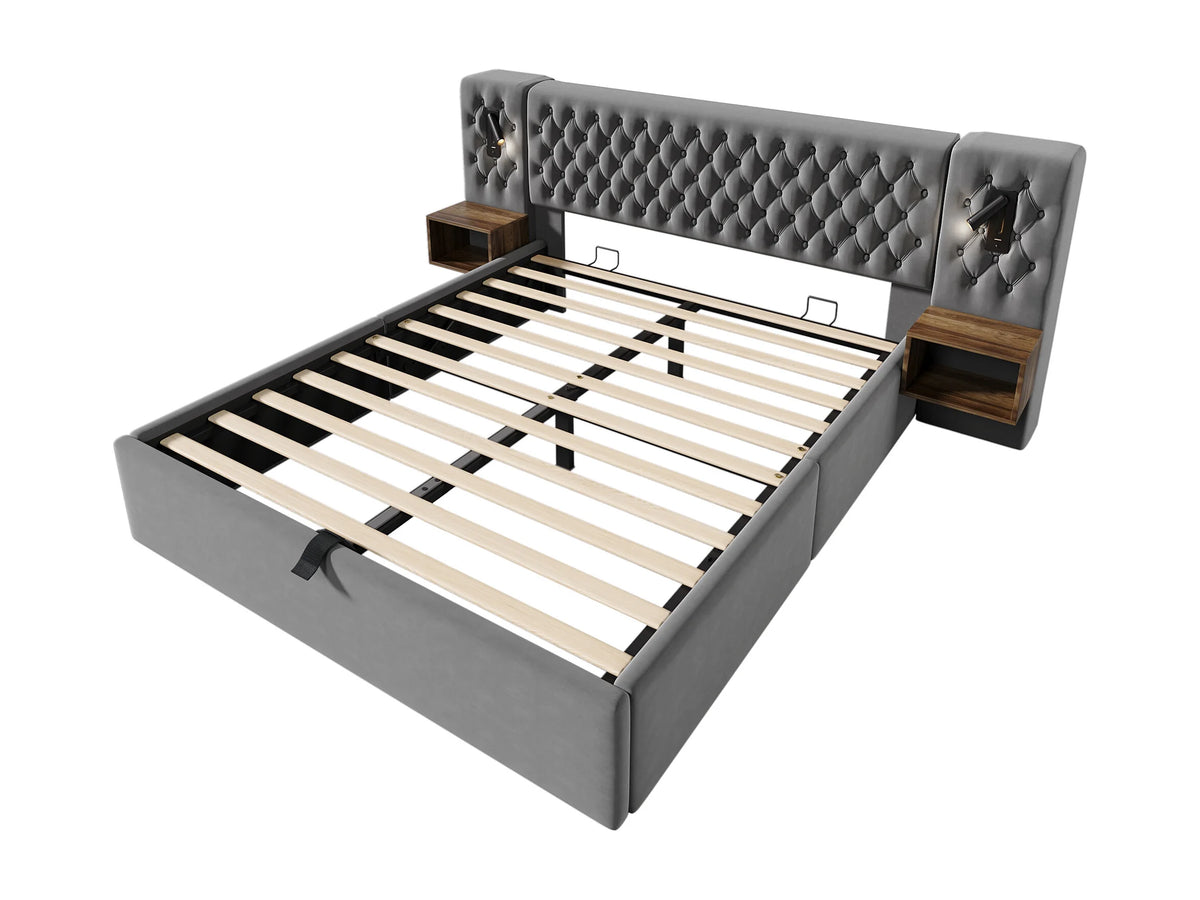 Lit Coffre 160x200 Velours Gris avec Chevets, LED et Port USB — vue 6