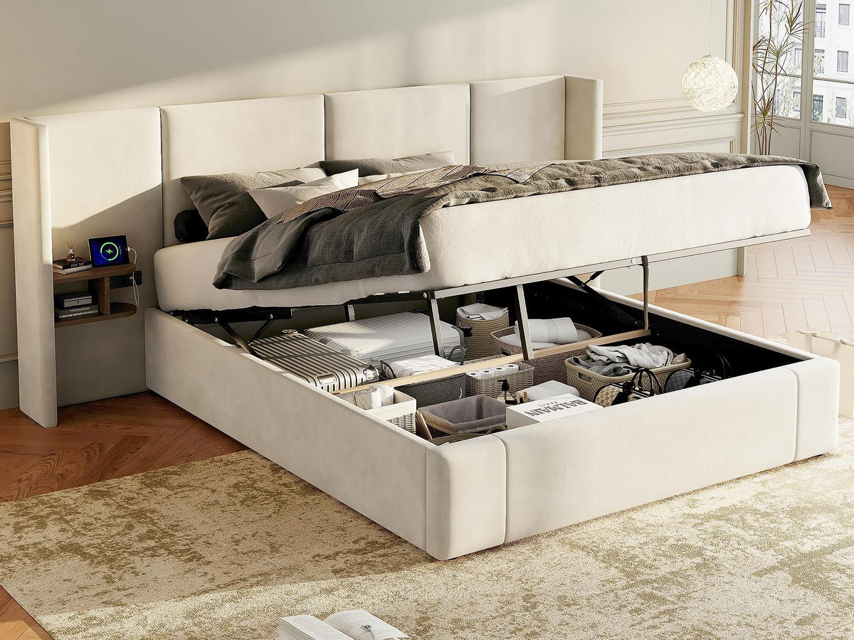 Lit Coffre 160x200 Velours Beige avec Chevets et Port USB